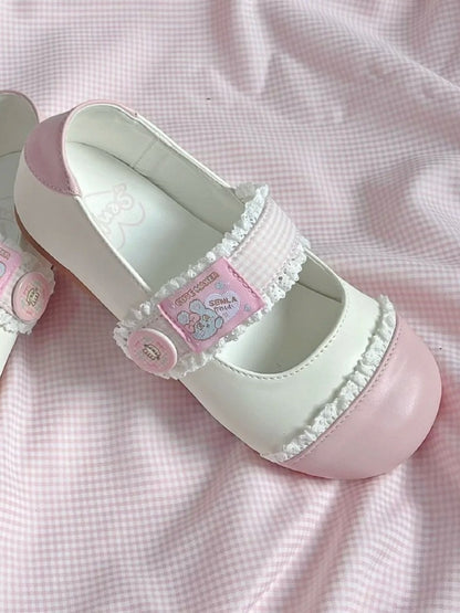 Strap Closures Plaid Lolita Flats White Toe Lace - Pink Trim Sweet Round Velcro