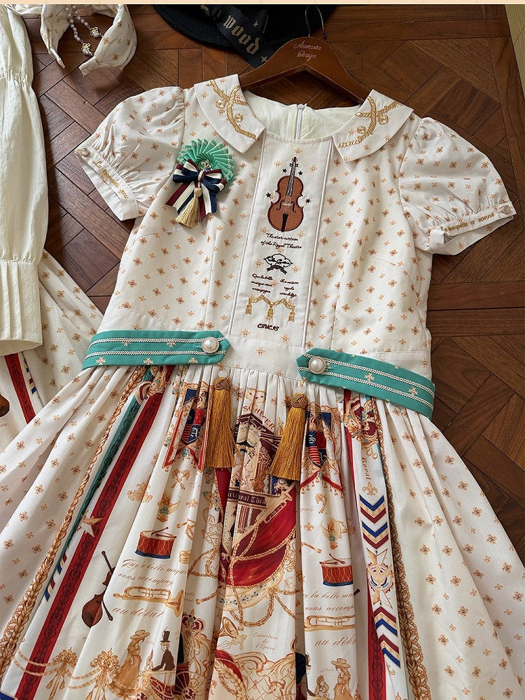 Short White Musical Print Peter Pan Collar OP Dress with Tassels - Crucis Universal Tailor Company