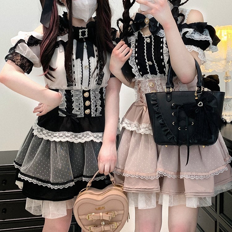 Waist Sweetheart Buttons Trim High Lace Black/Pink/Blue