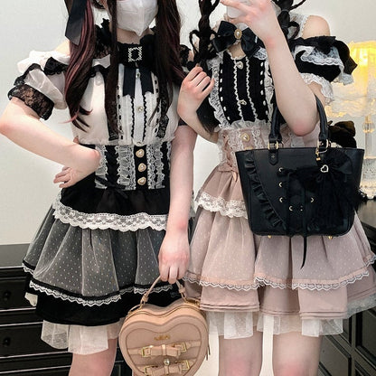 Waist Sweetheart Buttons Trim High Lace Black/Pink/Blue