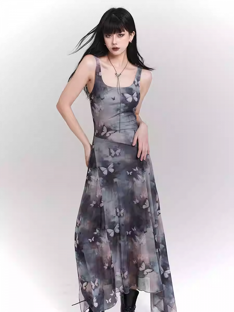 Blue & Purple Butterfly Print Asymmetrical Hem Sleeveless Dress