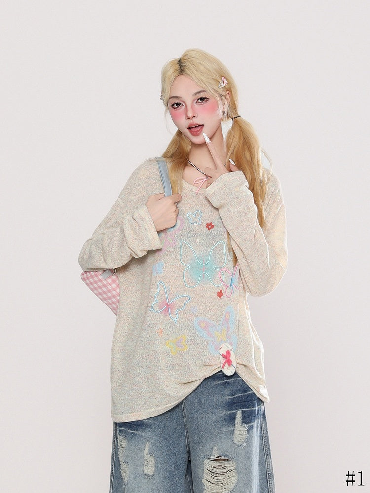 Long Top Embroidery Sleeve Semi-Sheer White/Yellow and Print Butterfly with