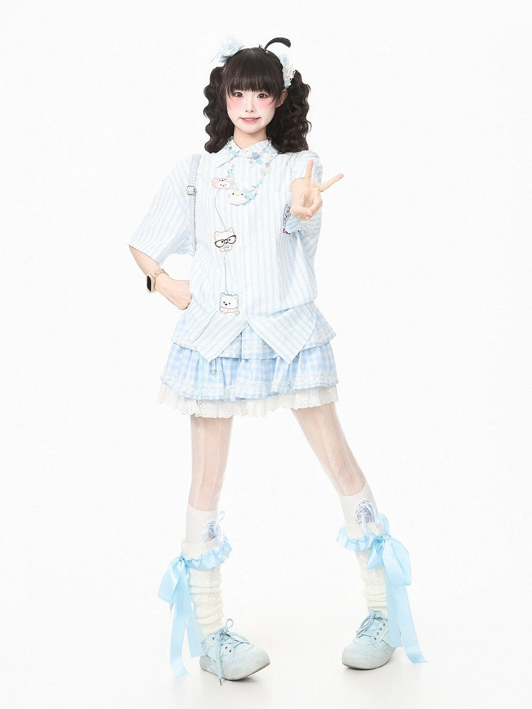 Cute Blue Striped Puppy-Embroidered Short-Sleeve Tee for Everyday Wear - Languid Park
