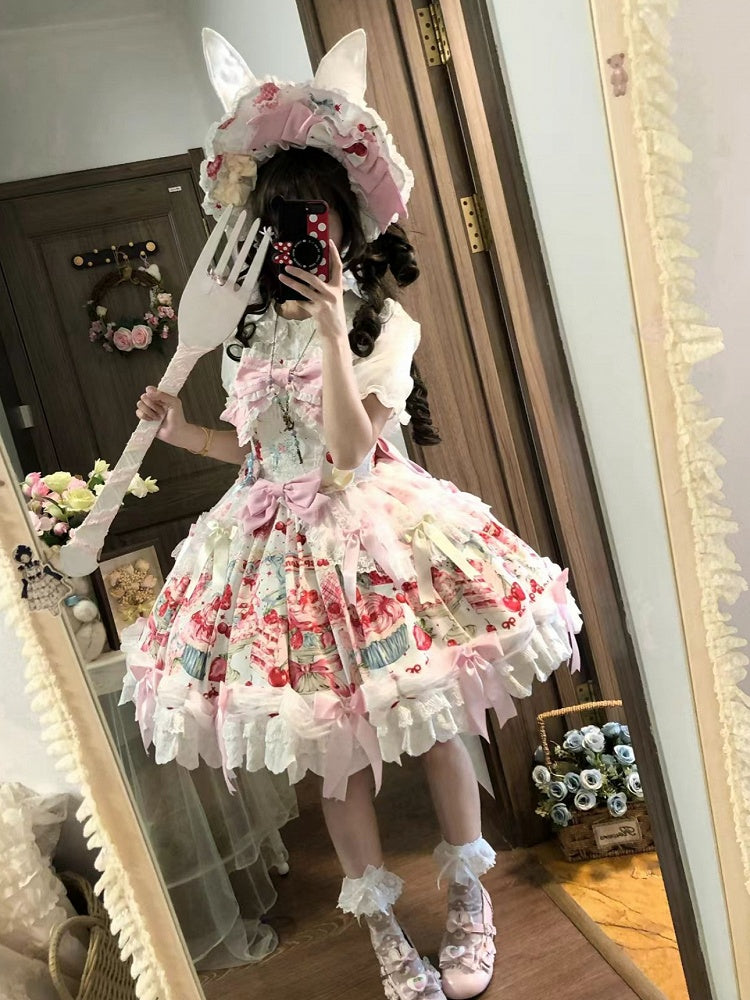 Erdbeerkuchenkleid Süße Printmode mit Schleife Hase Weiße Akzente Lolita und
