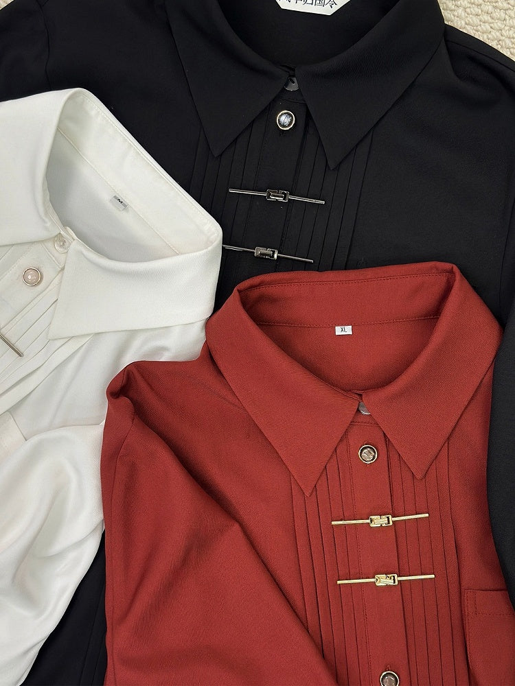 Pleated Accordion Long Sleeve Shirt in Red with Metal Frog Button Details - Feng Hua Gui Guo Ling