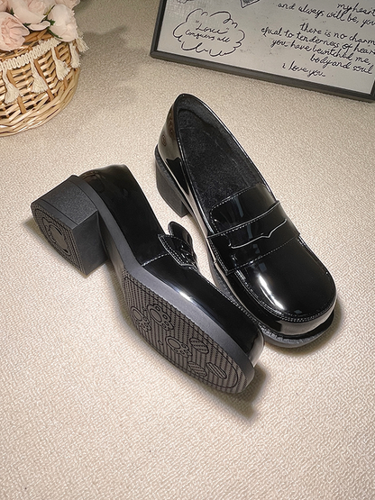 Low-heel/Mid-heel Black Preppy Style Loafers with Fleece Lining & Slip-in Fit Design