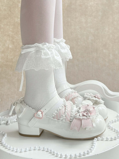 Lolita - Straps Heart Top Trim White Bow Ruffles Decor Candy Crisscross with Mary Sweet Pink Janes Shoe Clip