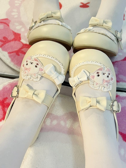 Toe Round Patches Flat with Sheep Yellow Janes Lolita Lace-trimmed Sweet Creamy Mary