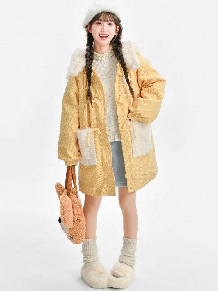 Milchgelber süßer Cord-Dufflecoat mit Lammkapuze