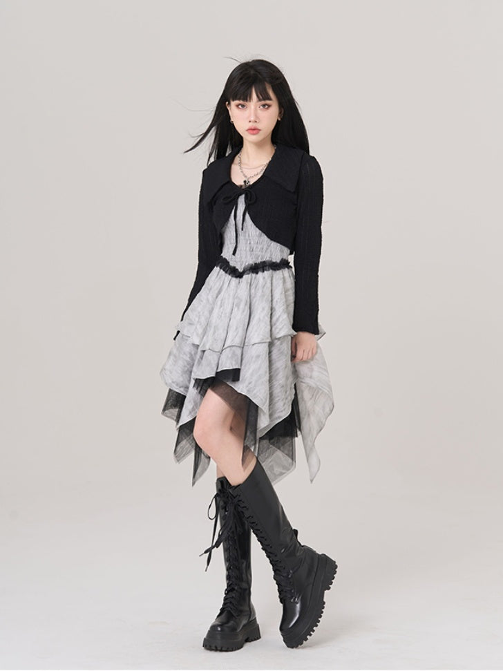 Gray Handkerchief Hem Ruffled Lace Trim Vintage Cami Dress