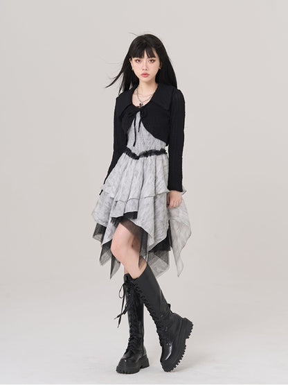 Gray Handkerchief Hem Ruffled Lace Trim Vintage Cami Dress