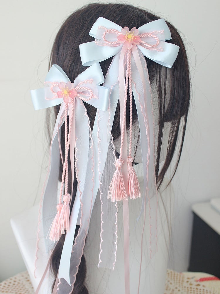 Blue Floral Pink Pastel Tassel Clips Hair