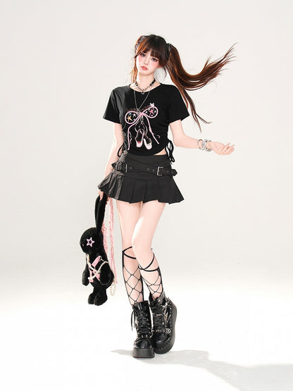 Glamorous Bowknot Schwarz/Gelb/Pink Cropped T-Shirt Kordelzug Taille Akzent