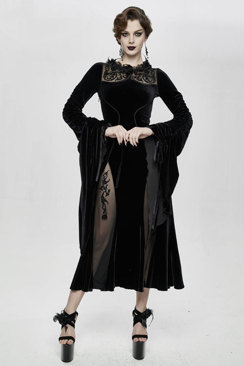 Black Velvet Fitted Dress with Flocking Flared Sleeves