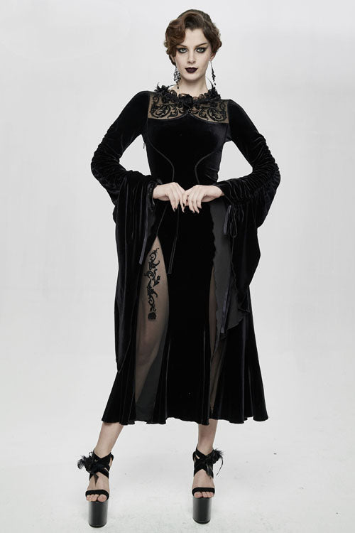 Black Velvet Fitted Dress with Flocking Flared Sleeves