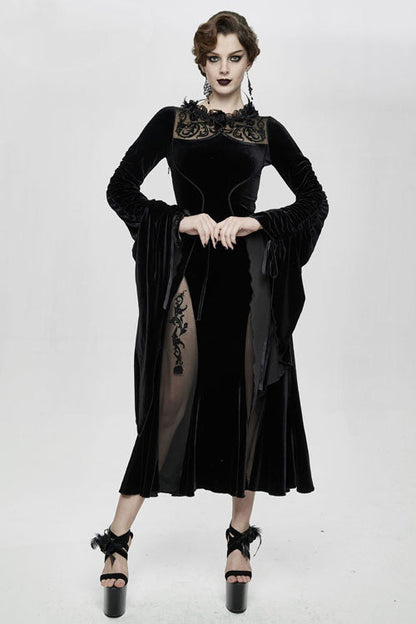Black Velvet Fitted Dress with Flocking Flared Sleeves