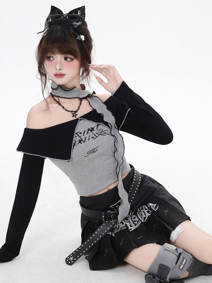 Grey Letters Off-the-shoulder Neckline Cropped Top with Free Scarf