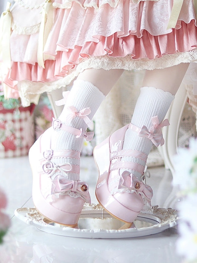 Details Buckles Pink Sweet Platforms - Lolita Heart Bow with Edging Lace