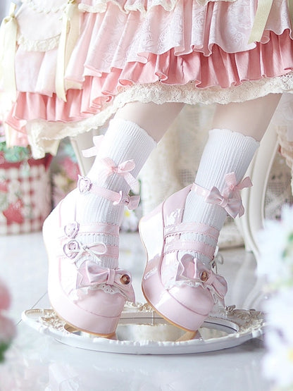 Details Buckles Pink Sweet Platforms - Lolita Heart Bow with Edging Lace