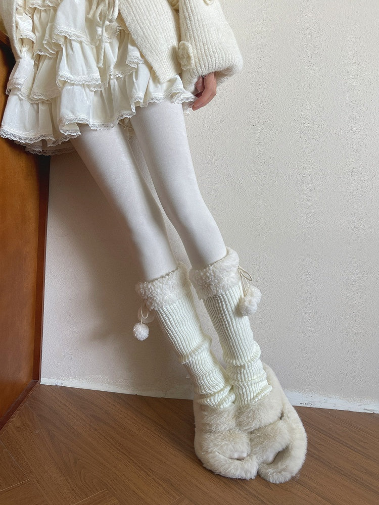 Warmers Ribbed Leg with Cuff Mid-Calf Sherpa Pom-Poms