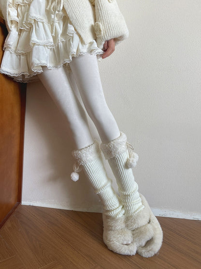 Warmers Ribbed Leg with Cuff Mid-Calf Sherpa Pom-Poms