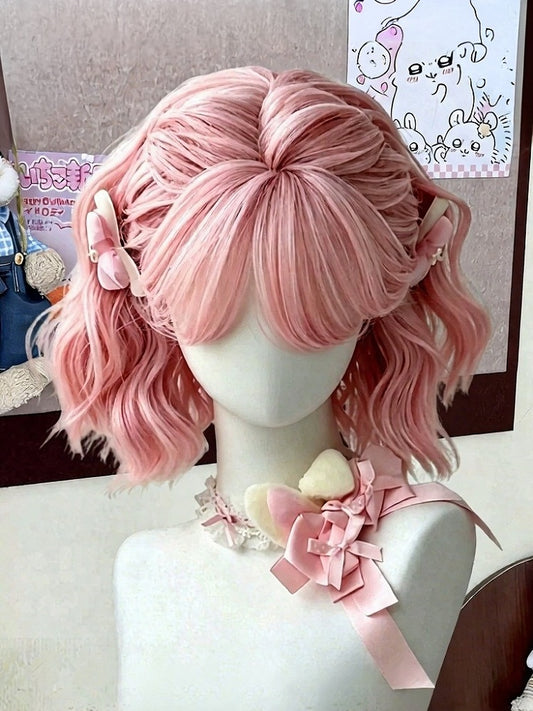 Pink 30cm Short Wavy Curly Wig with Air Bangs - Meow Island Wig