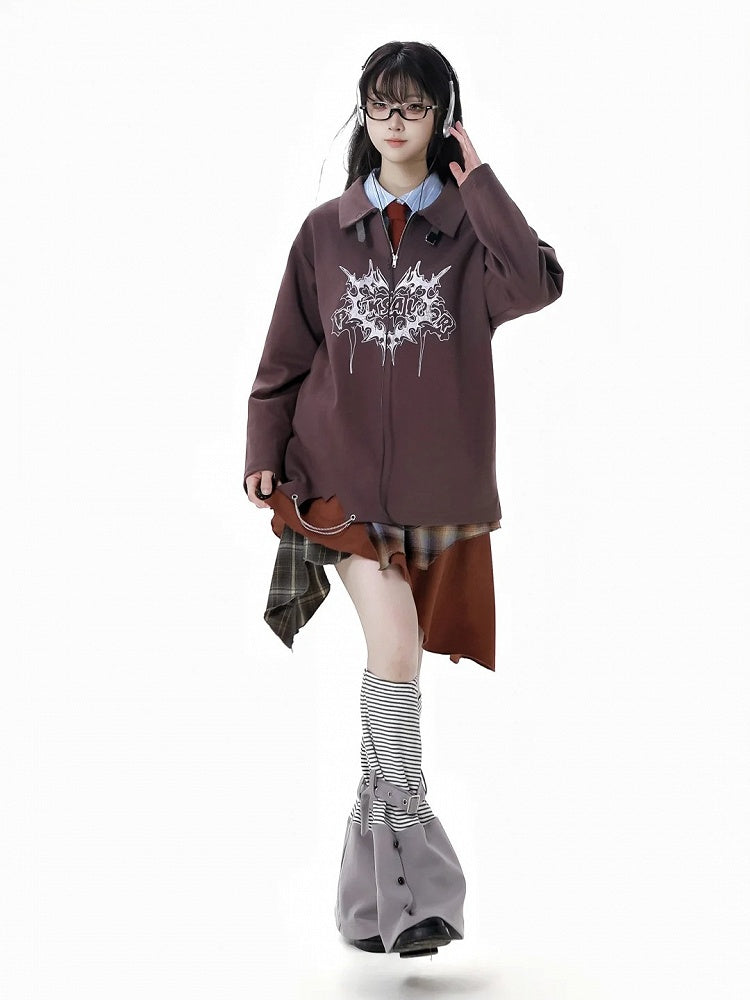 Sweatshirt mit Kragen und Grafik, braun, Polokragen, Schnallenriemen-Ausschnitt