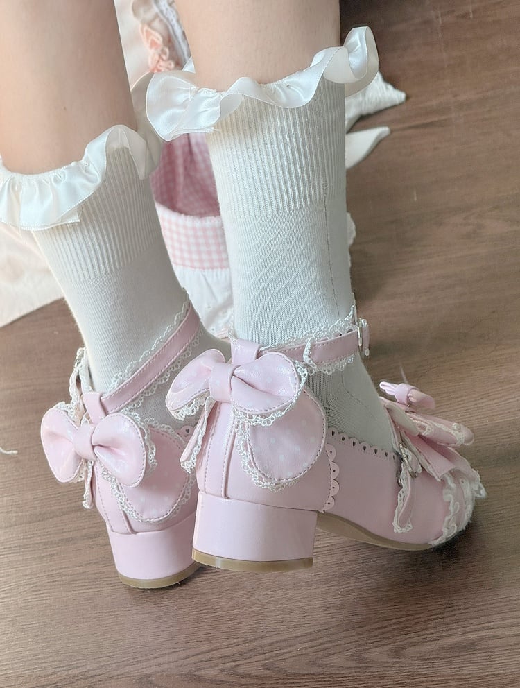 Hem Bow Scalloped Accents Shoes with Low-heel Lolita Pink Sweet