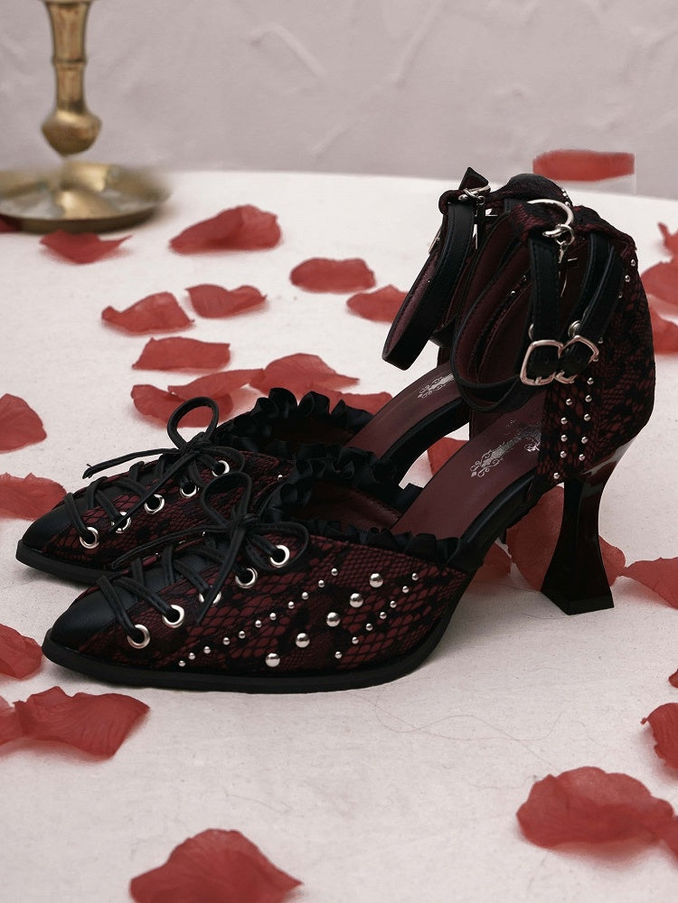 Studded Details Pointed - Cross Lacing Toe High Heels Accents with Gothic Red