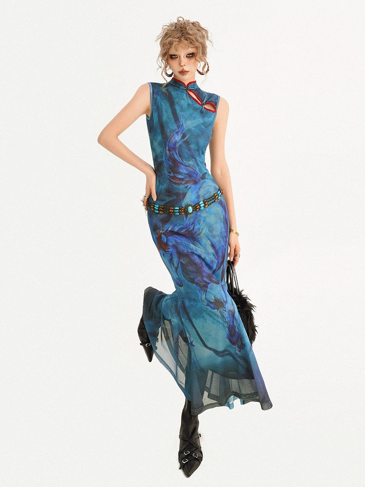 Sleeveless Cheongsam Dress with Oil Painting Horse Pattern
