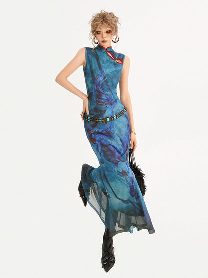 Sleeveless Cheongsam Dress with Oil Painting Horse Pattern