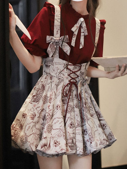 Wine Red Ruffle Neckline Blouse with Puff Sleeves and Pleating Details