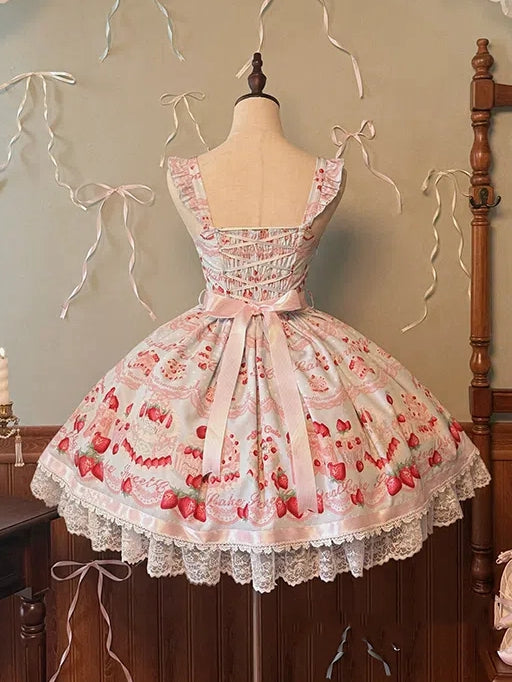 and Dress Print Sweet Jumper Strawberry Blue Skirt Cute Cake Lolita