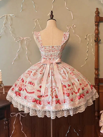 and Dress Print Sweet Jumper Strawberry Blue Skirt Cute Cake Lolita