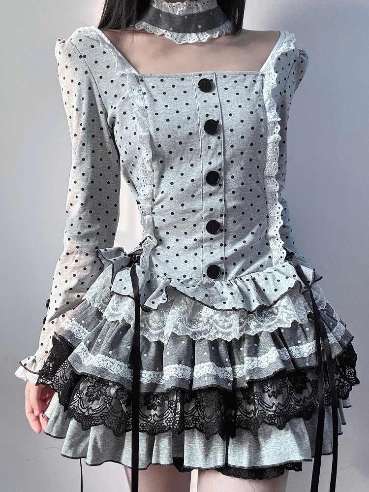 Dress Lace-Up Tiered Details Lace - Choker Polka-dot Skirt Grey Trim with Side