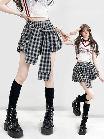 Design Y2K BlackWhite Plaid Glamorous Skirt Lace-up Pattern Bubble
