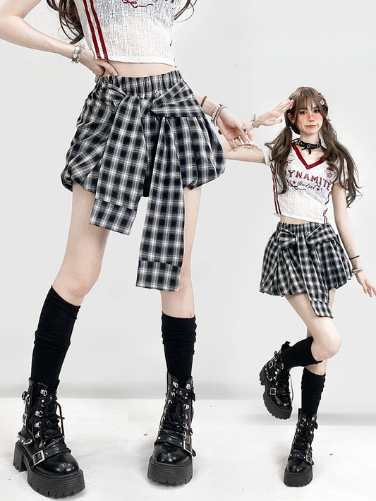 Design Y2K BlackWhite Plaid Glamorous Skirt Lace-up Pattern Bubble