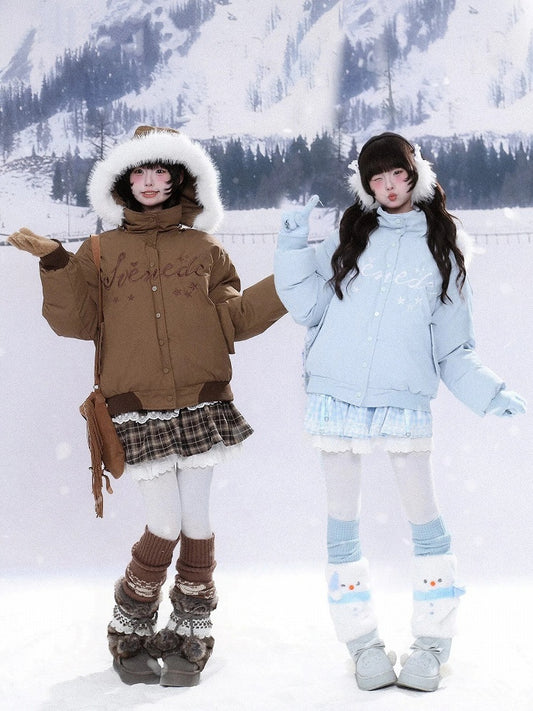 Brown/Blue Closure Kawaii Blouson Star Embroidery Dual with in Jacket Daily