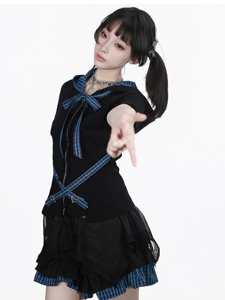Plaid Hooded Cinched-Waist Top with Buckle Strap - PINK SAVIOR
