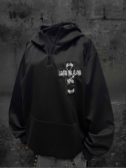 Partial Zip with Black Hoodie Placket Embroidery Applique Cross and Y2K