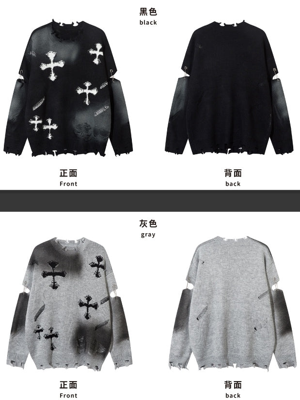 Y2K ブラック/グレー クロスシェイプ ダメージ加工 ホールズ ラウンドネック セーター