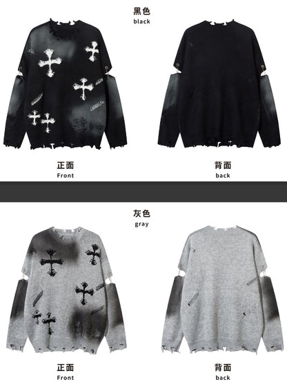 Y2K ブラック/グレー クロスシェイプ ダメージ加工 ホールズ ラウンドネック セーター