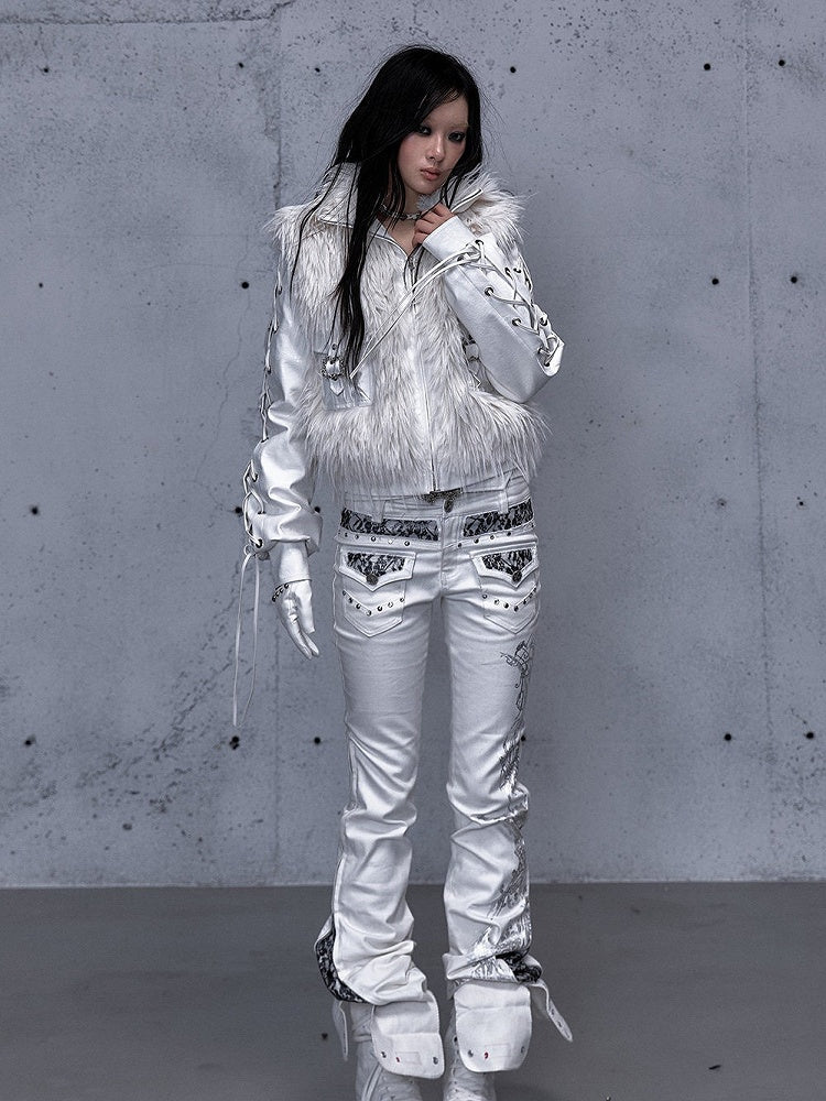 Embellishments Studded Jeans Punk Lace White Flare Silver with Vintage Details Slight
