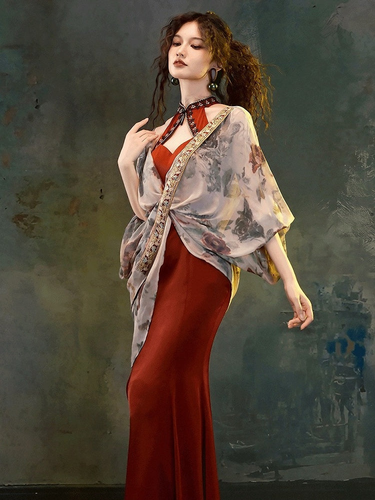 Wine Red Qipao Long Dress with Detachable Shoulder Pads - sijinstudio