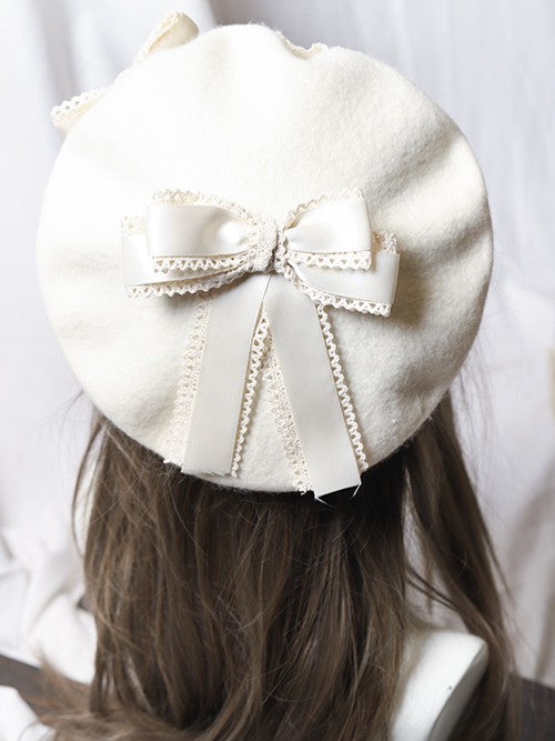 Lolita Beige Sweet Beret Satin Lace Bowknot