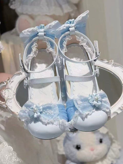 Blue Cherry Flower Sweet Mary Jane Shoes with Lace Bow - XIN MENG