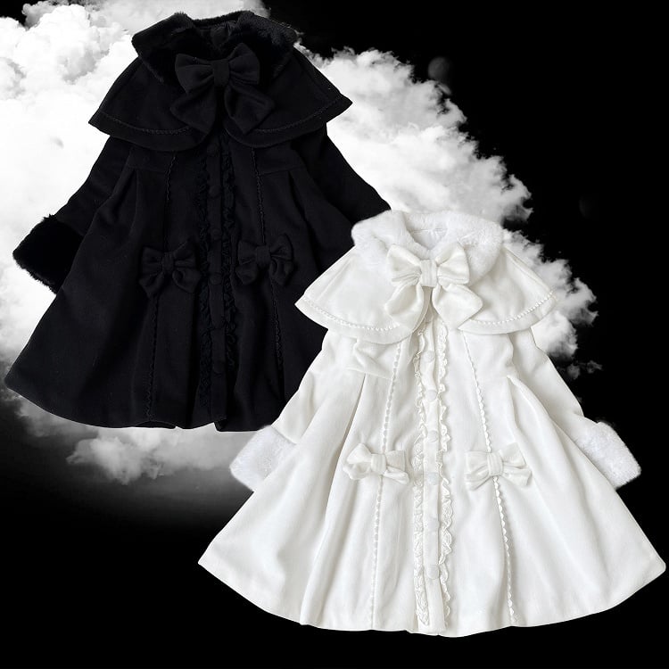 ジライケイ ホワイト/ブラック 取り外し可能なケープ 蝶結びディテール 地雷スタイルコート