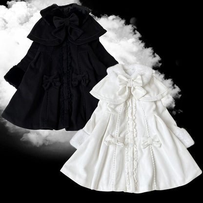 ジライケイ ホワイト/ブラック 取り外し可能なケープ 蝶結びディテール 地雷スタイルコート