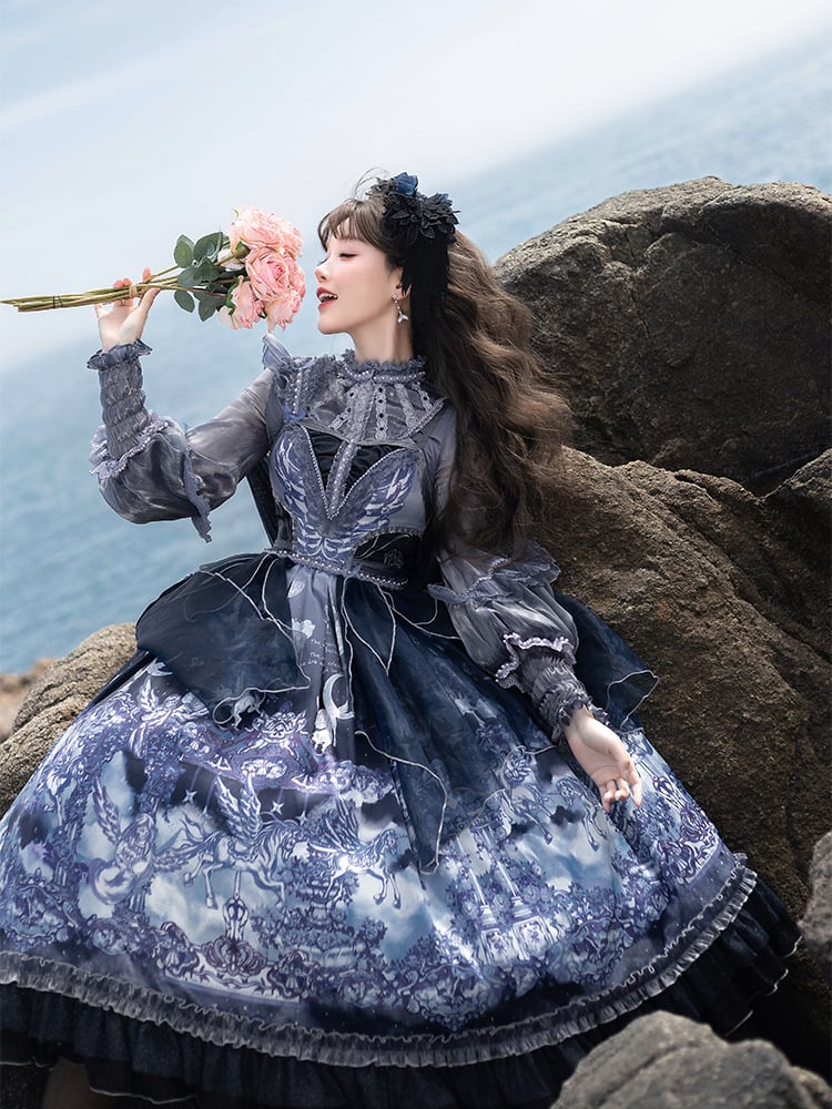 Waist Full Blue Lolita High Set with Jumper Overlay Print Skirt Angel Dark