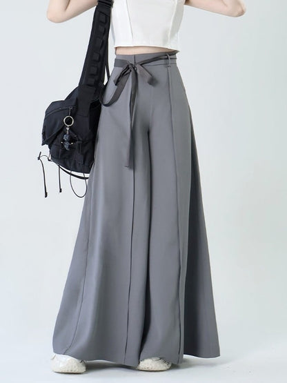 Zipper Grey Style with Back Chinese Belt Set- Wide-leg Pockets Pants Front Waist Slant